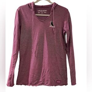 Life is Good Woman’s Longsleeve Hooded Tee Size Small Purple and White Stripes